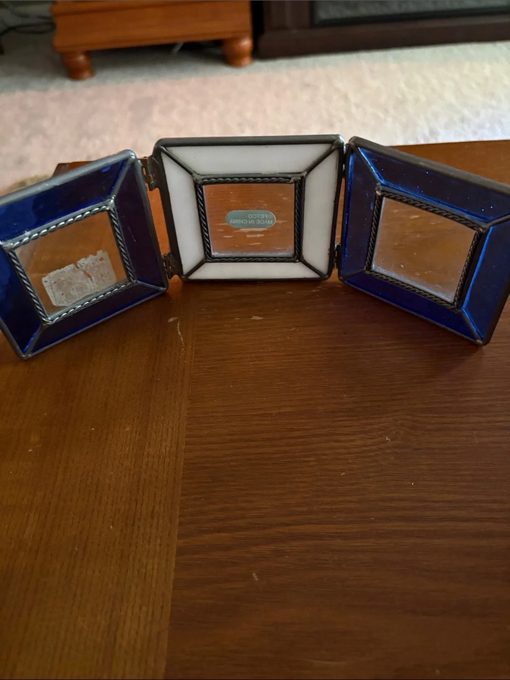 Tri-Fold Stained Glass Mini Picture Frame - Blue & White